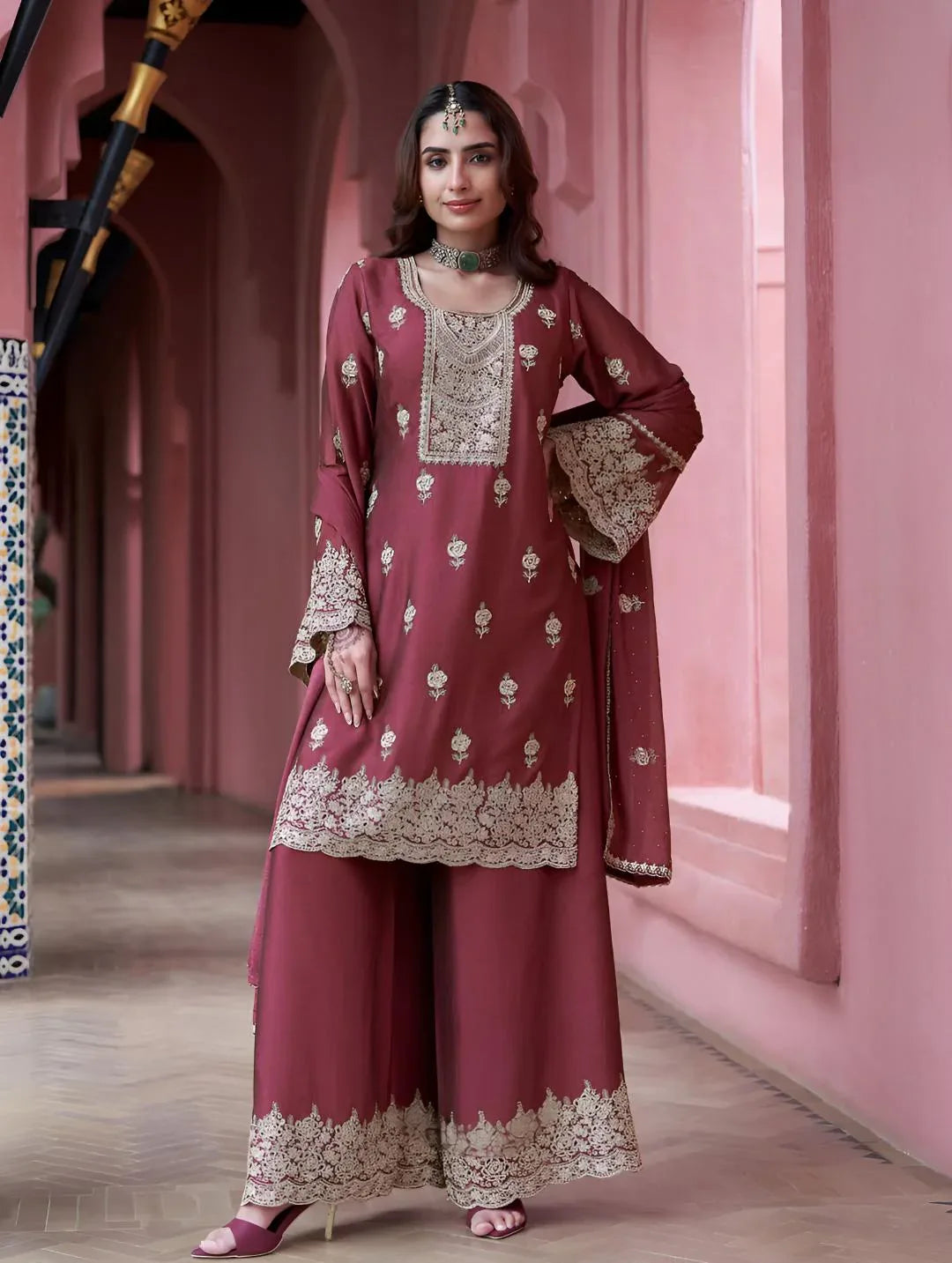 Wine Maroon Embroidered Kurta Set - MishUUU
