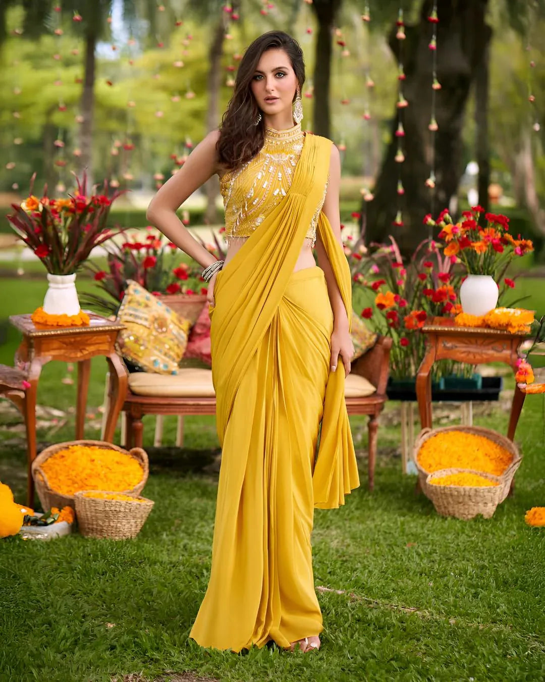 Marigold Embellished Draped Saree Set - MishUUU