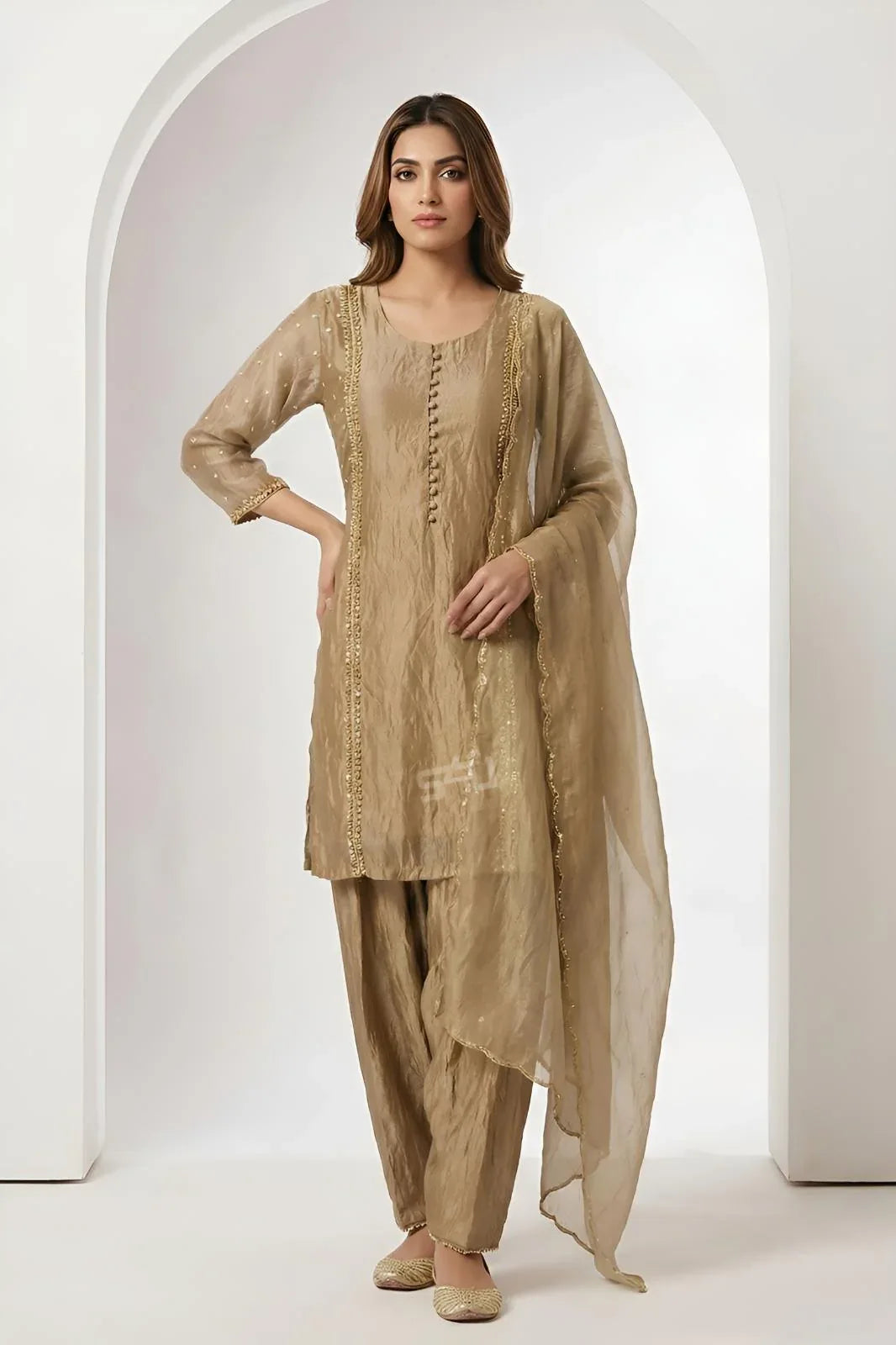 Beige Shimmer Kurta Pant Set - MishUUU