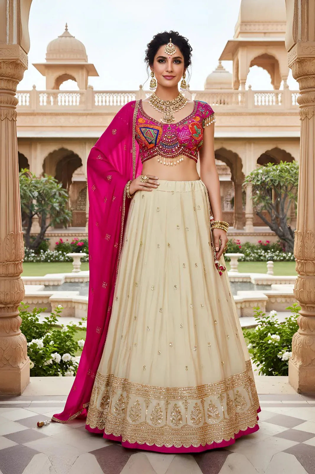 Ivory Lehenga with Rani Pink Dupatta - MishUUU