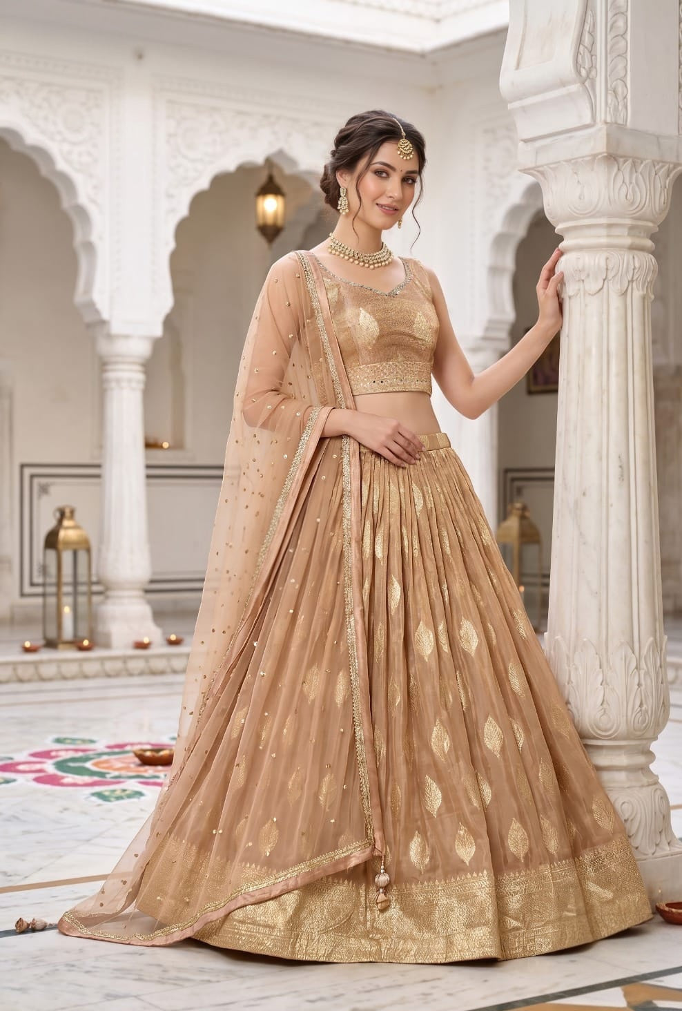 Peach Gold Brocade Lehenga Set