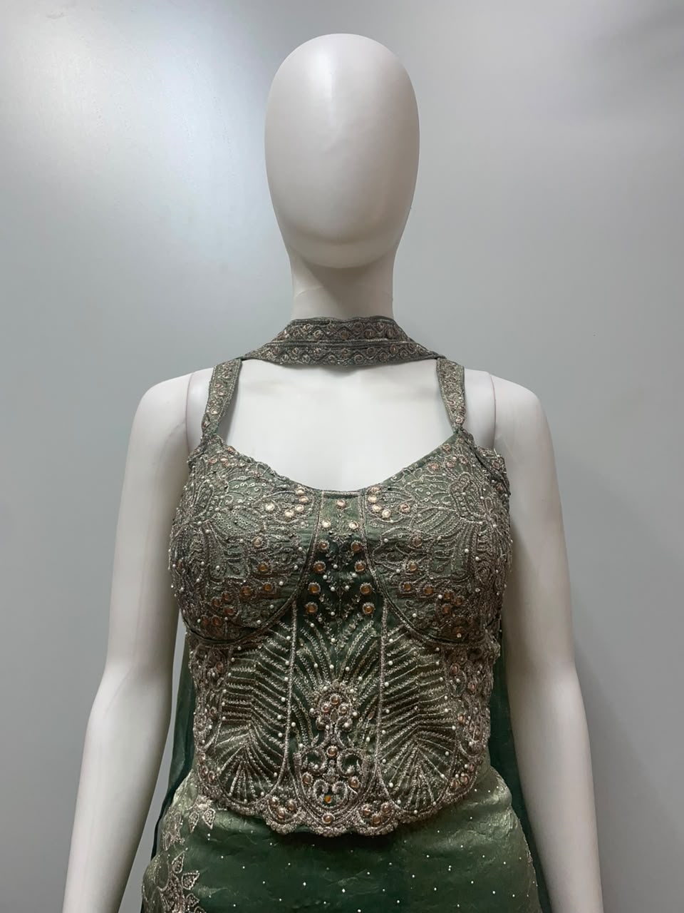 Olive Gold Embroidered Corset Palazzo Couture Set