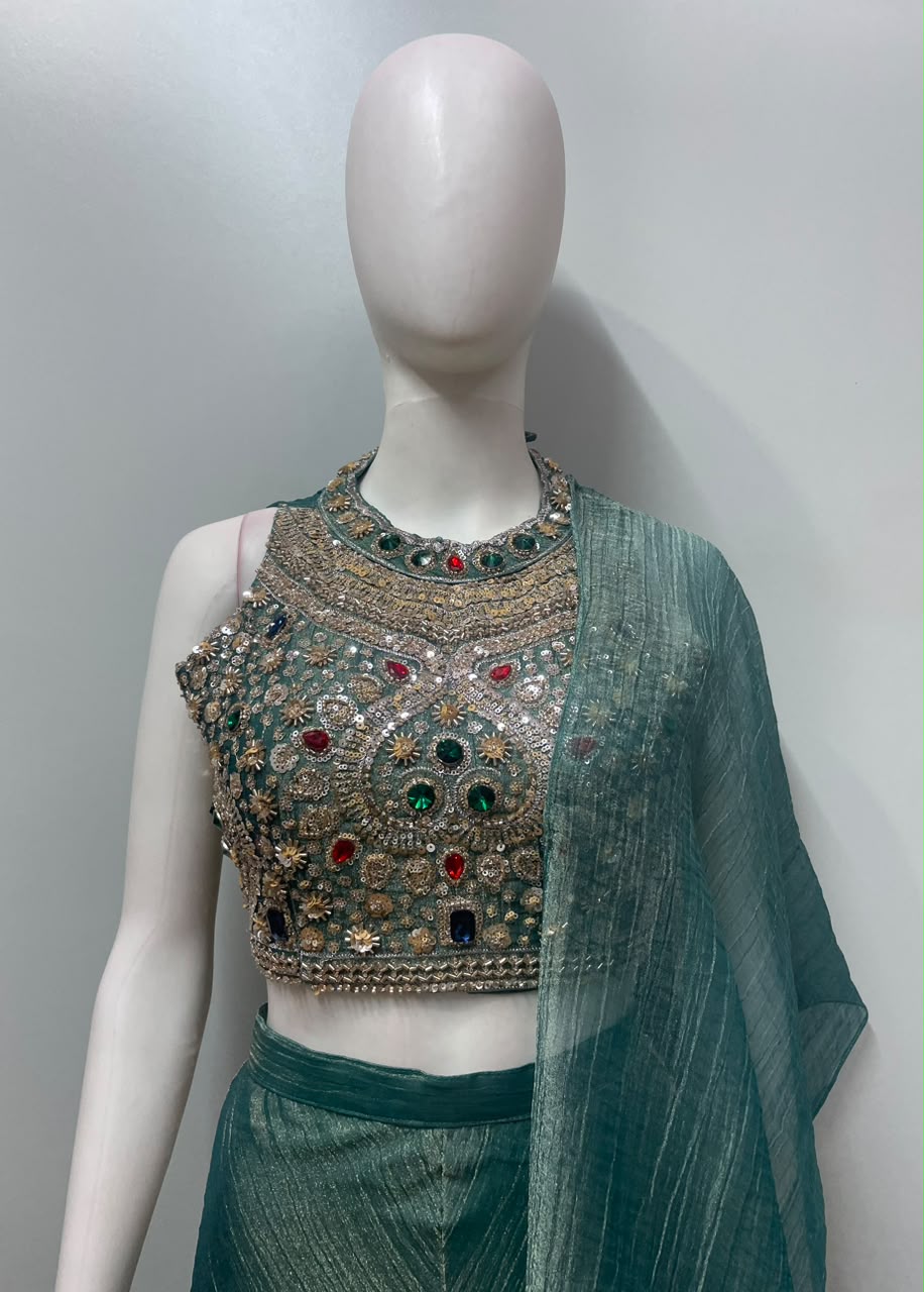 Seafoam Gold Jewel Embroidered Palazzo Drape Set