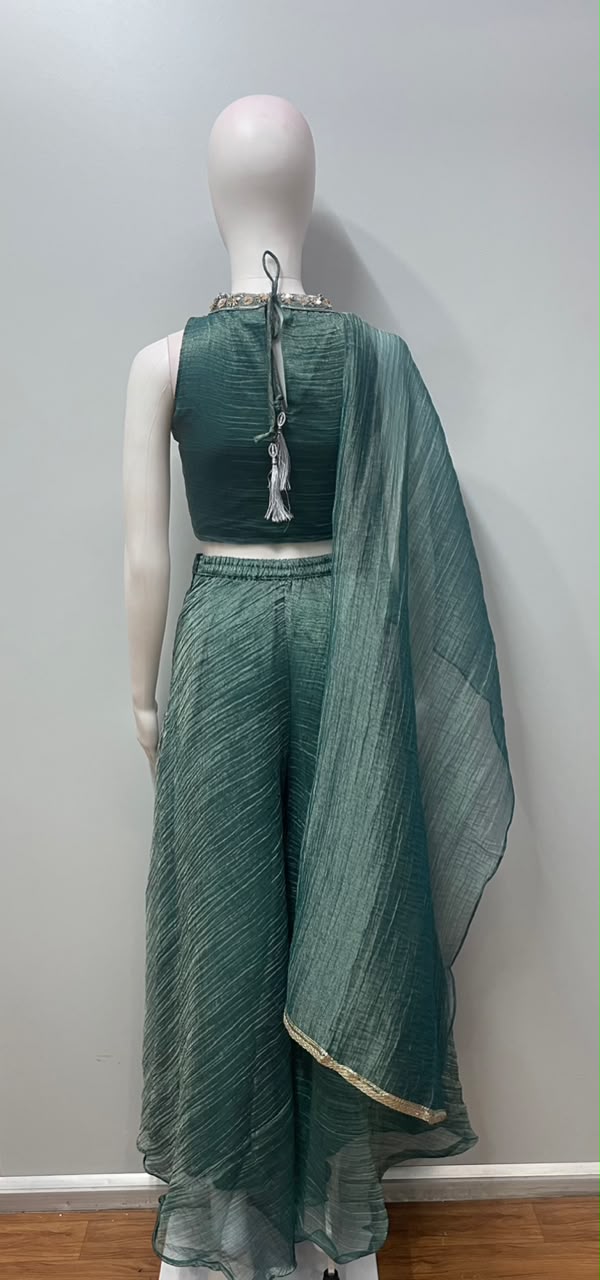 Seafoam Gold Jewel Embroidered Palazzo Drape Set