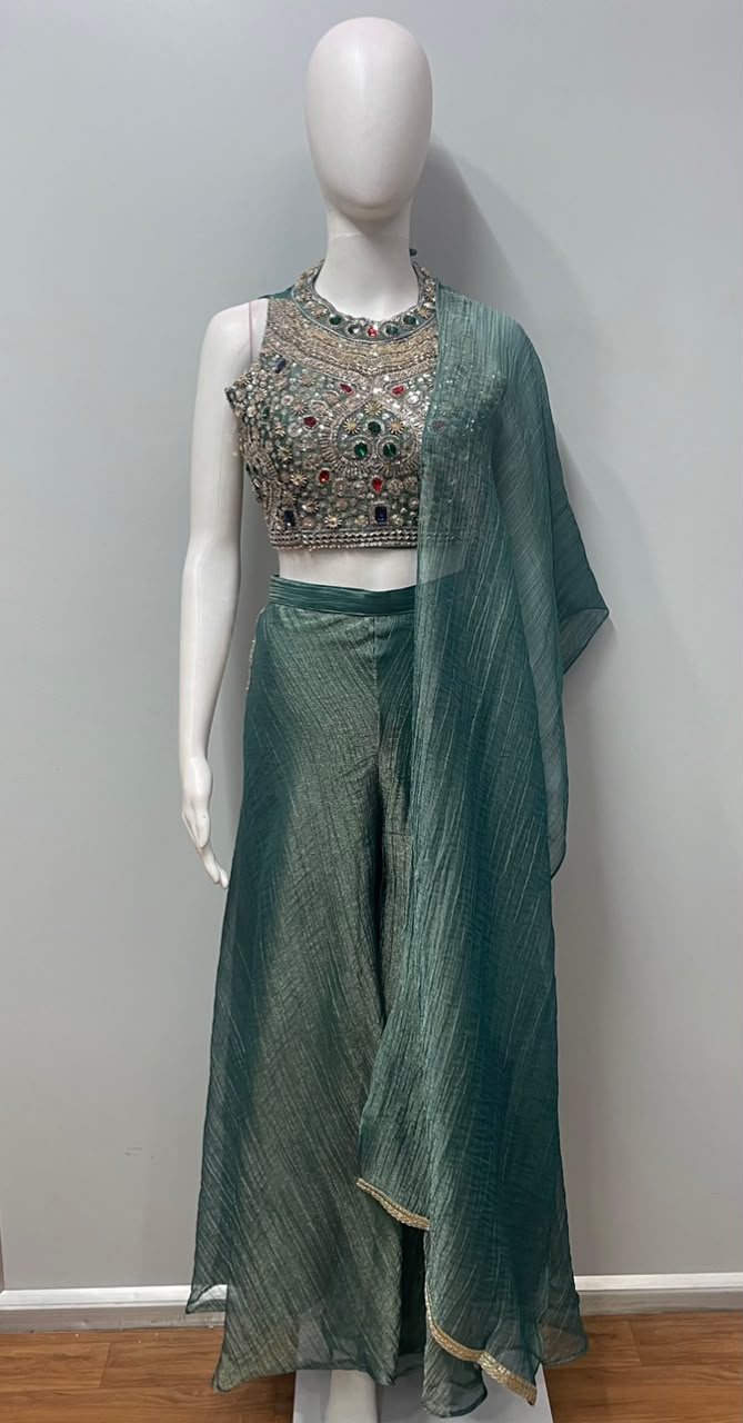 Seafoam Gold Jewel Embroidered Palazzo Drape Set