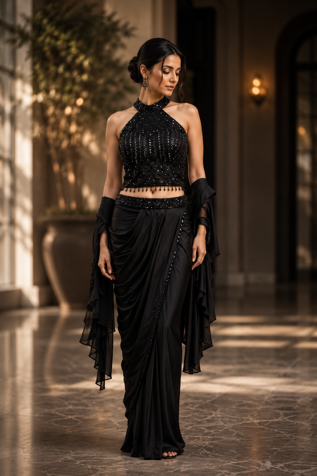 Black Halter Crystal Draped Saree Set