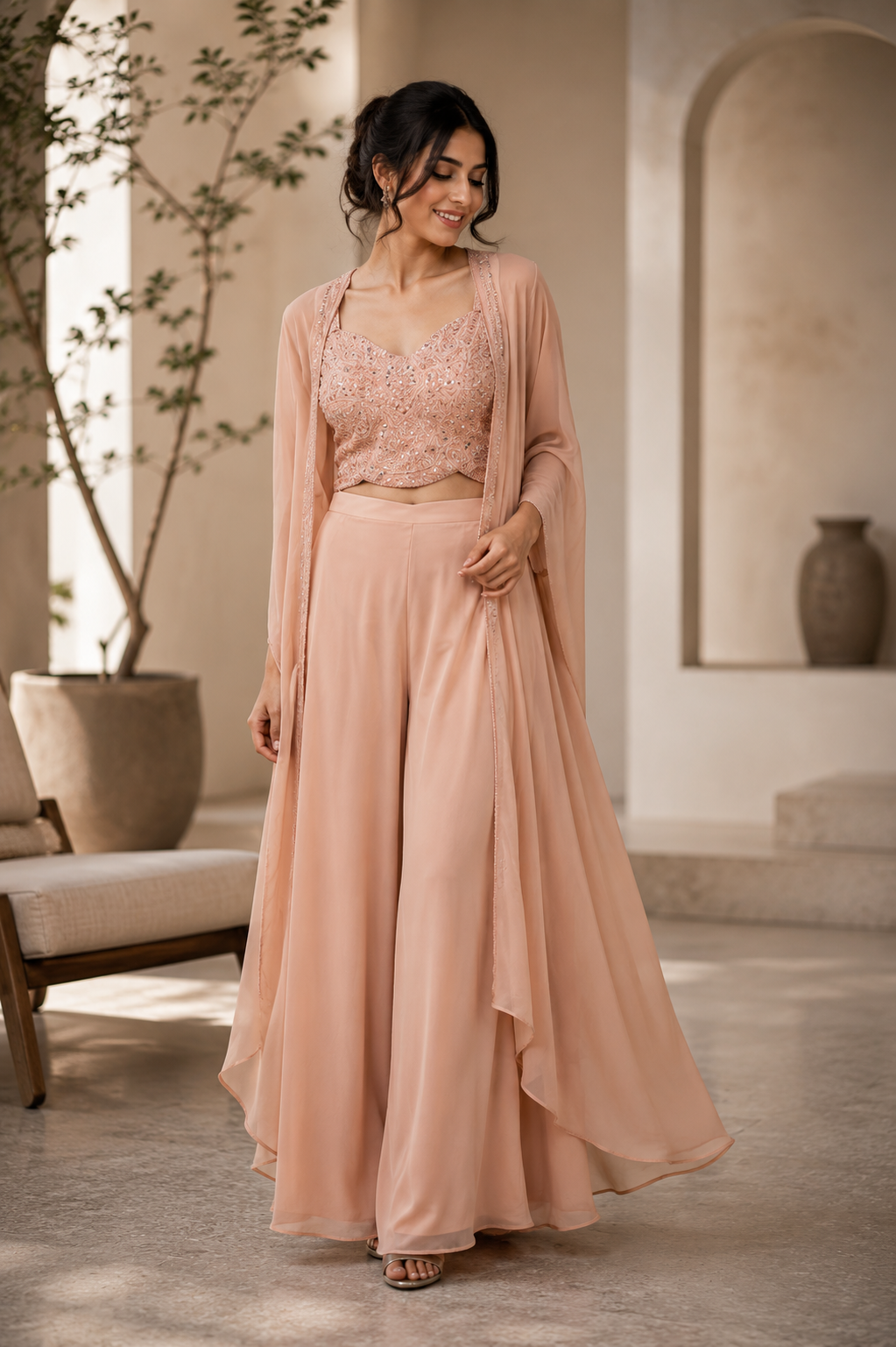 Soft Peach Pearl Cape Palazzo Set