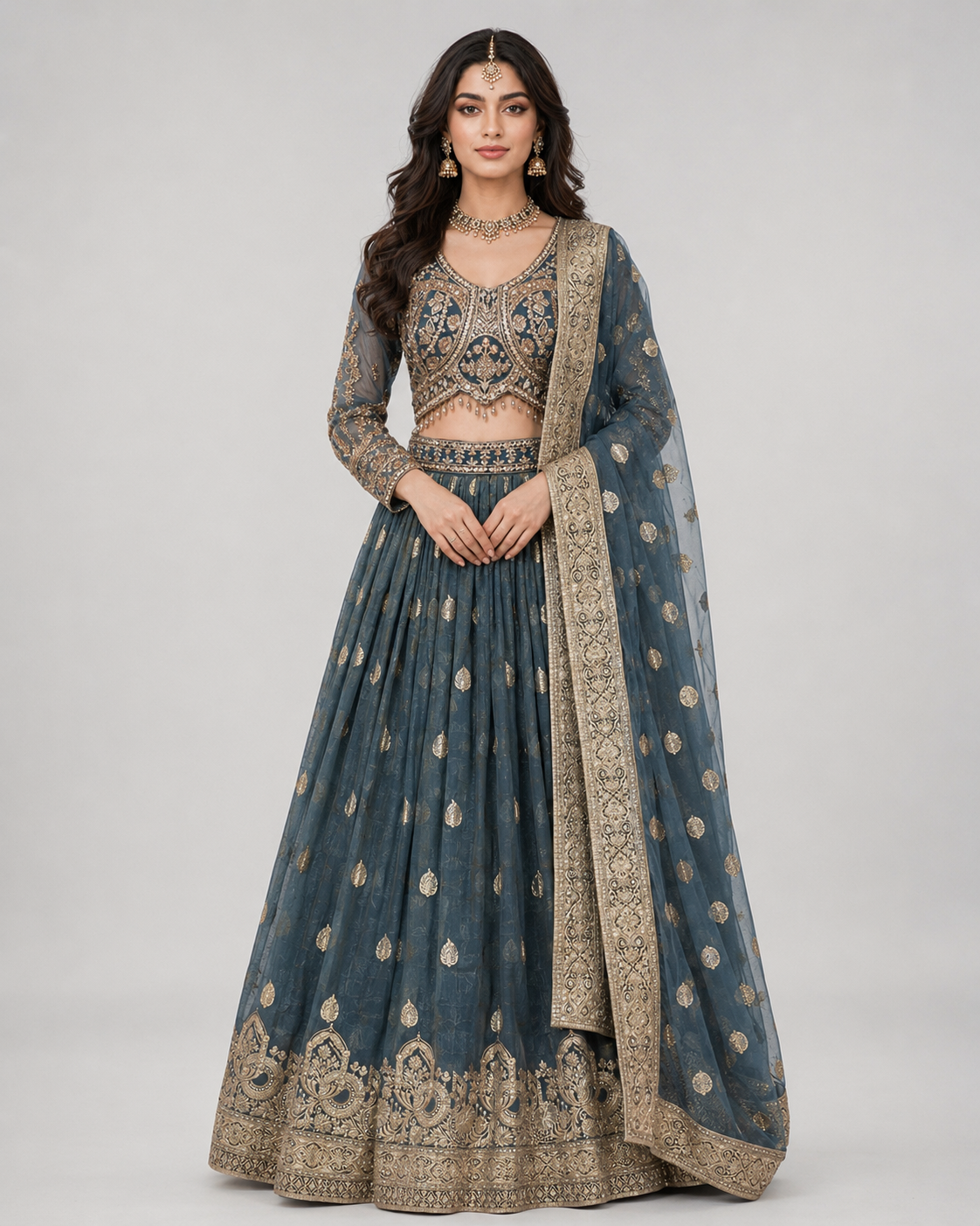 Deep Teal Antique Gold Lehenga Ensemble