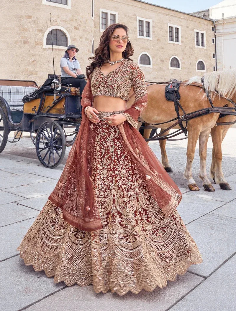 Imperial Rust Gold Bridal Lehenga - MishUUU