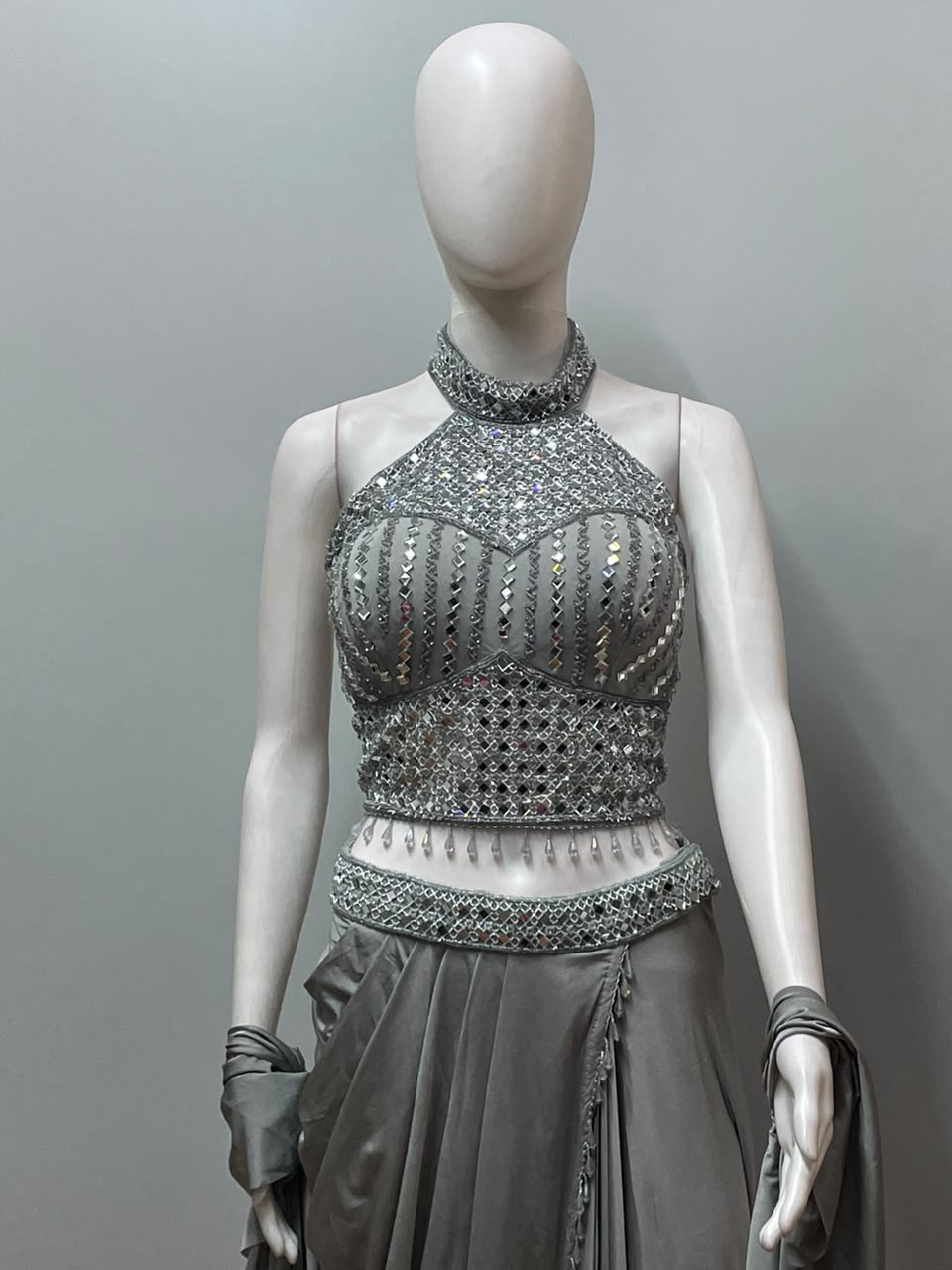 Silver Crystal Halter Draped Saree Set