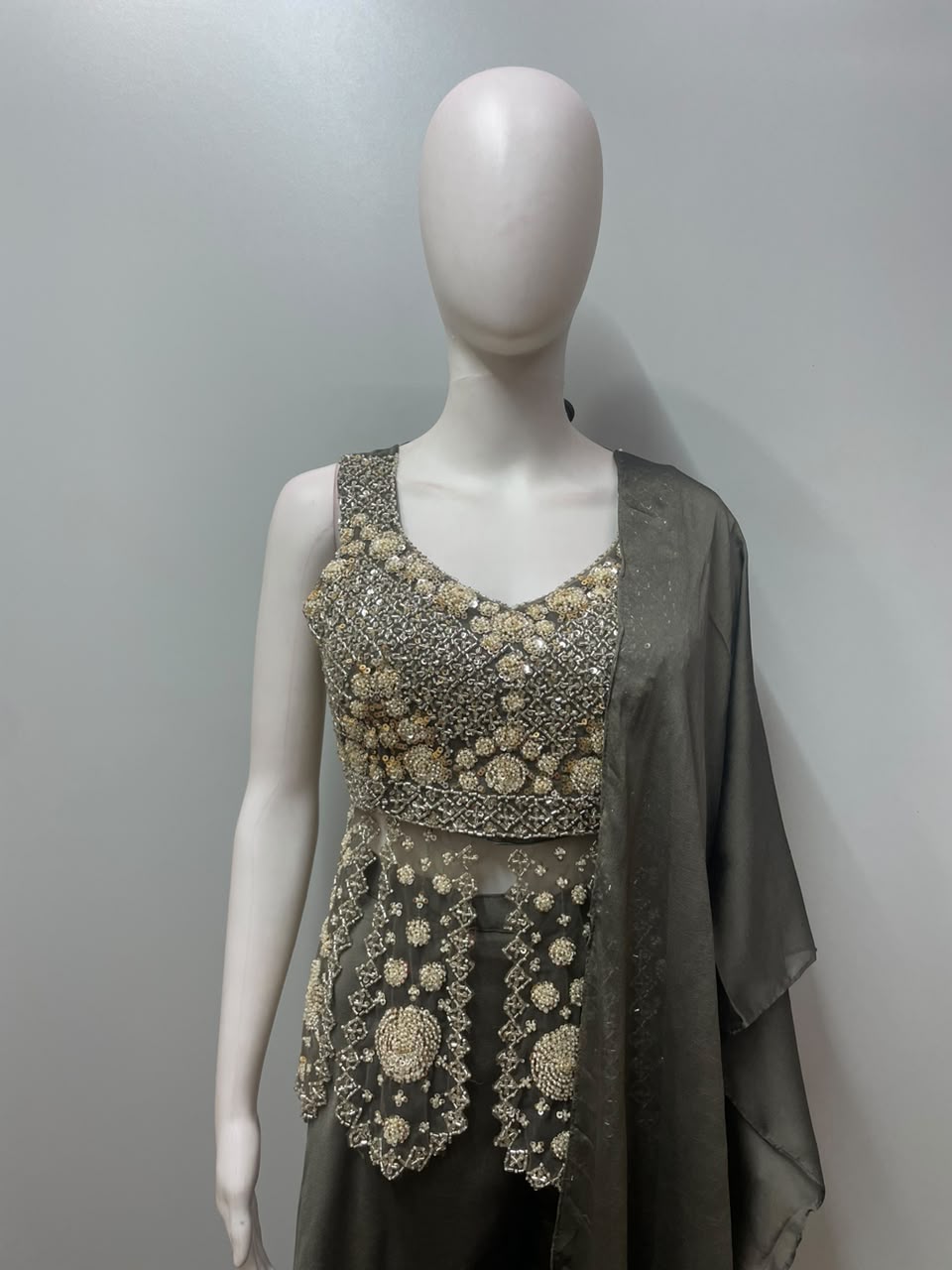 Olive Gold Embroidered Peplum Palazzo Set