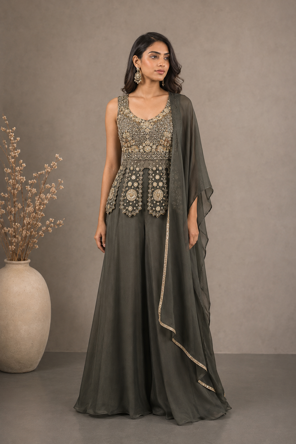 Olive Gold Embroidered Peplum Palazzo Set