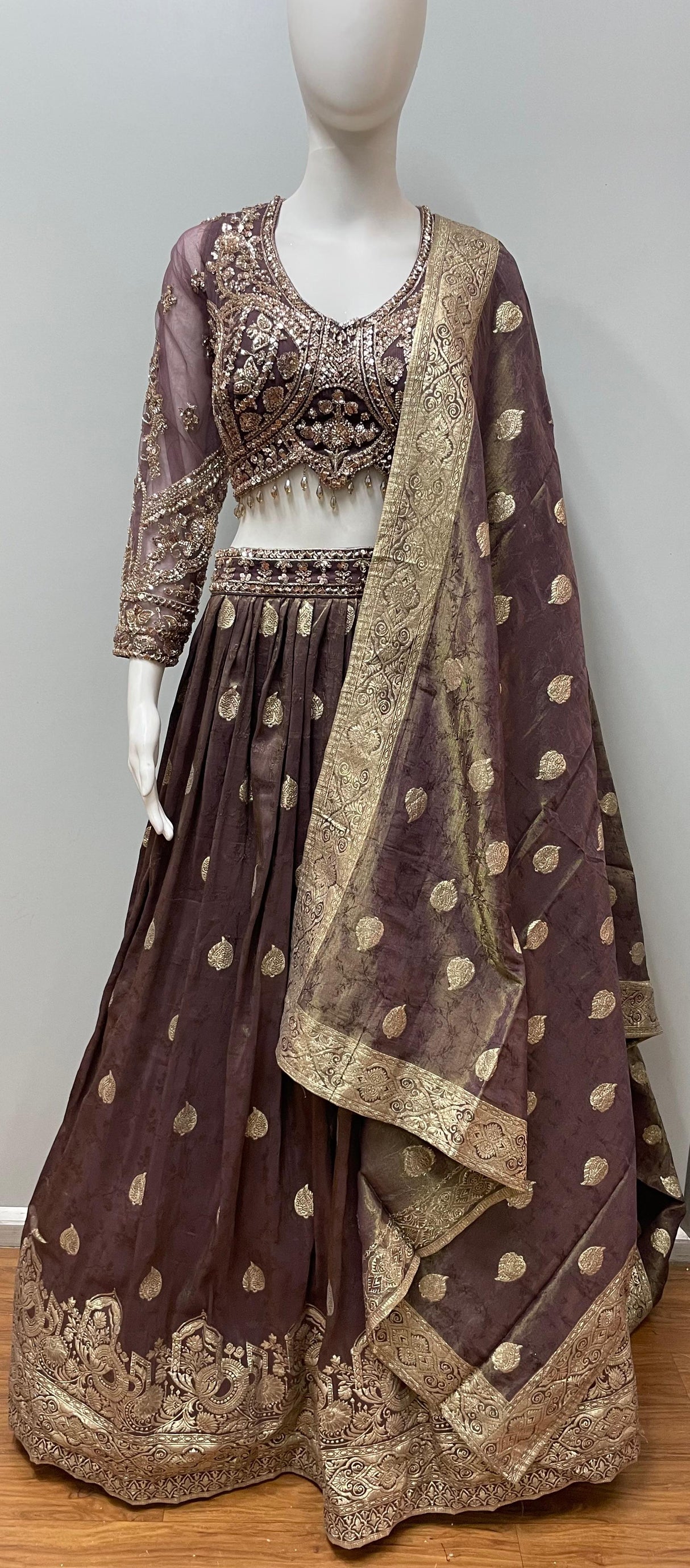 Chocolate Brown Antique Gold Lehenga Ensemble