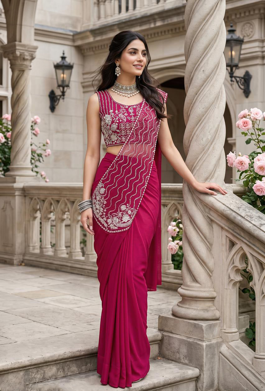 Rani Pink Embroidered Saree Ensemble