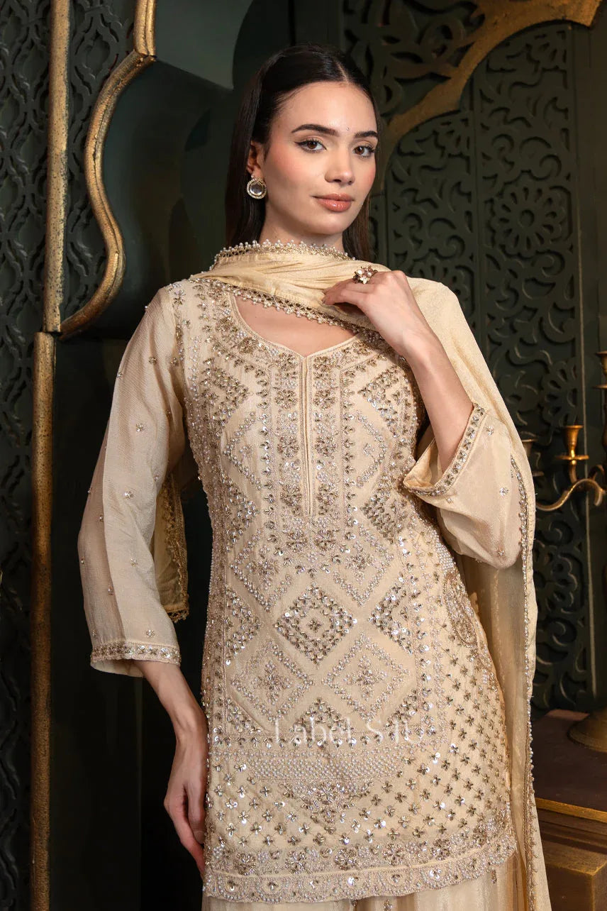 Ivory Embroidered Kurta Palazzo Set - MishUUU