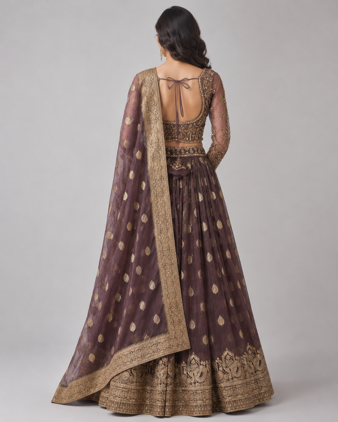 Chocolate Brown Antique Gold Lehenga Ensemble