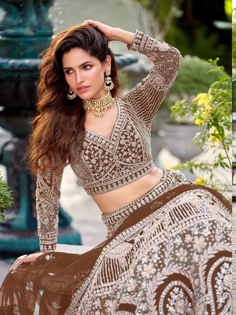 Mocha Regal Embroidered Bridal Lehenga - MishUUU