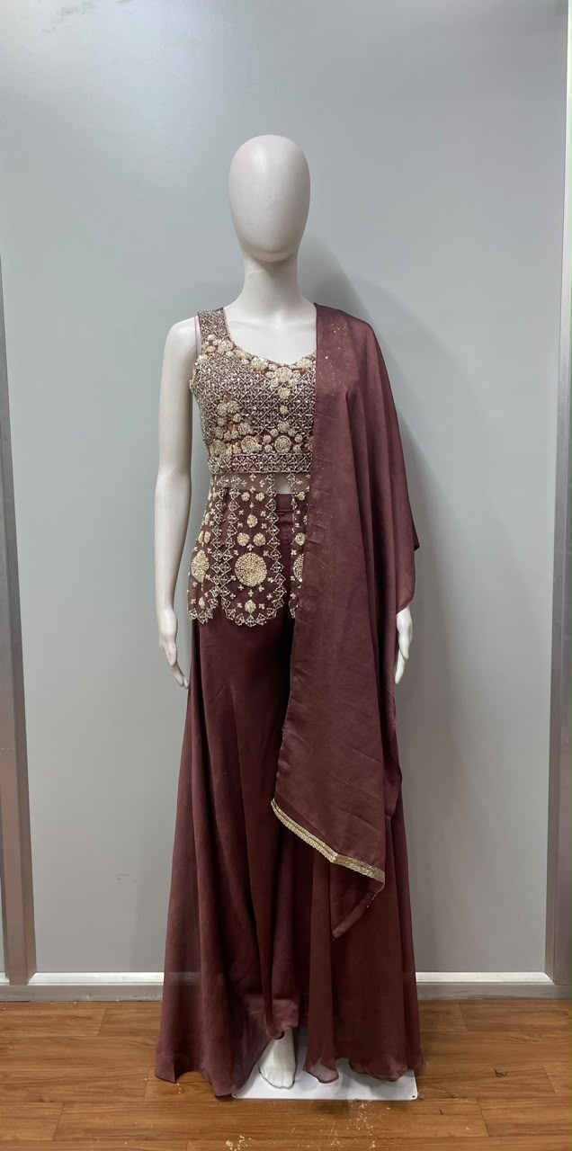 Burgundy Gold Embroidered Peplum Palazzo Set