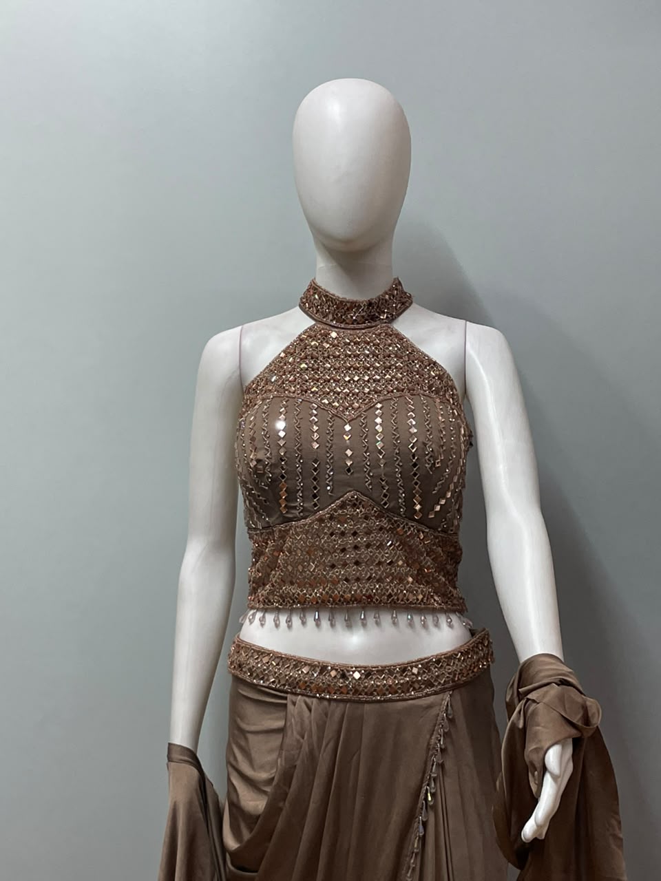 Mocha Crystal Halter Draped Saree Set