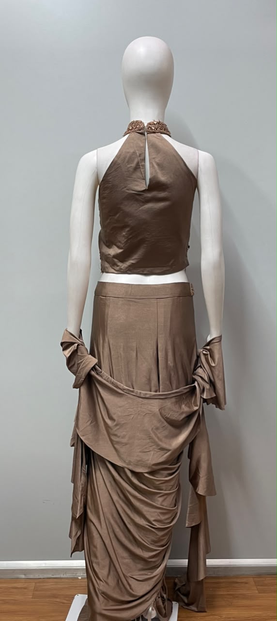 Mocha Crystal Halter Draped Saree Set