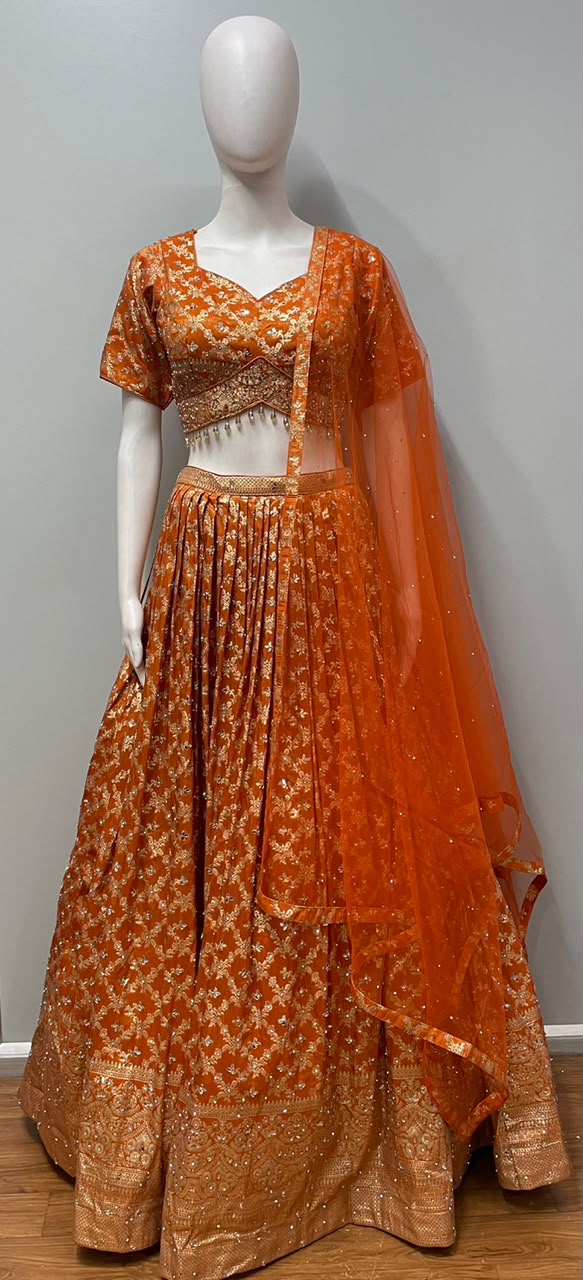 Tangerine Gold Embroidered Festive Lehenga Set