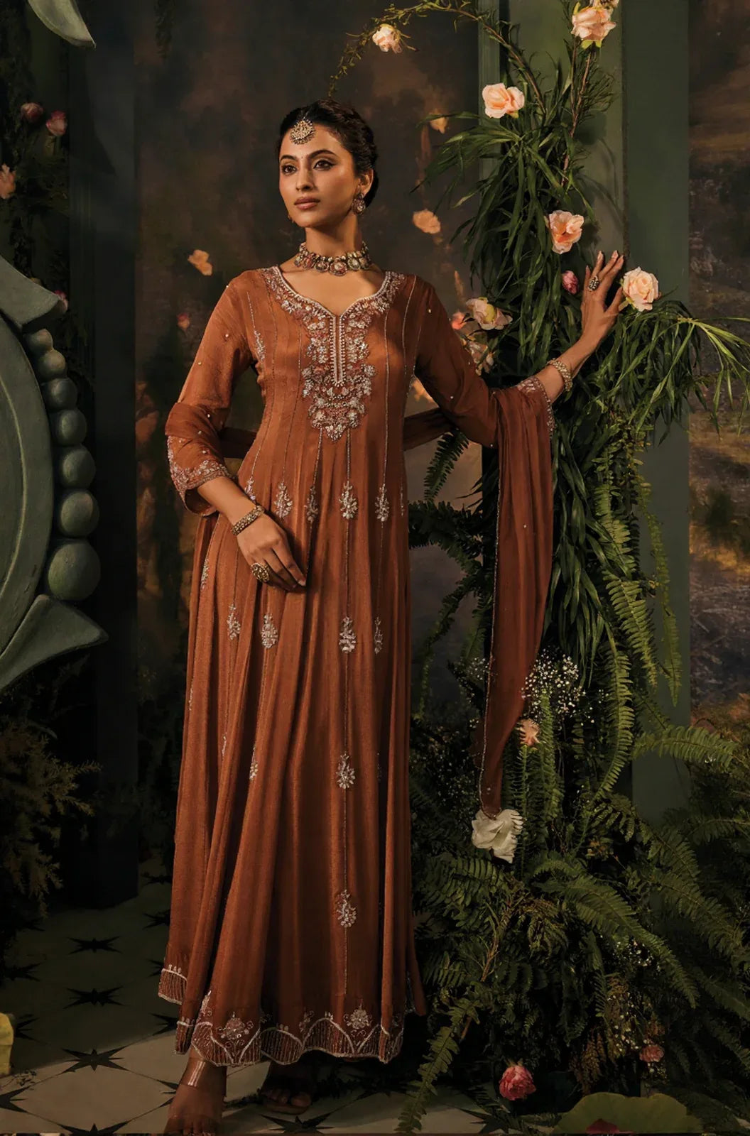 Rustic Copper Embroidered Anarkali Set - MishUUU