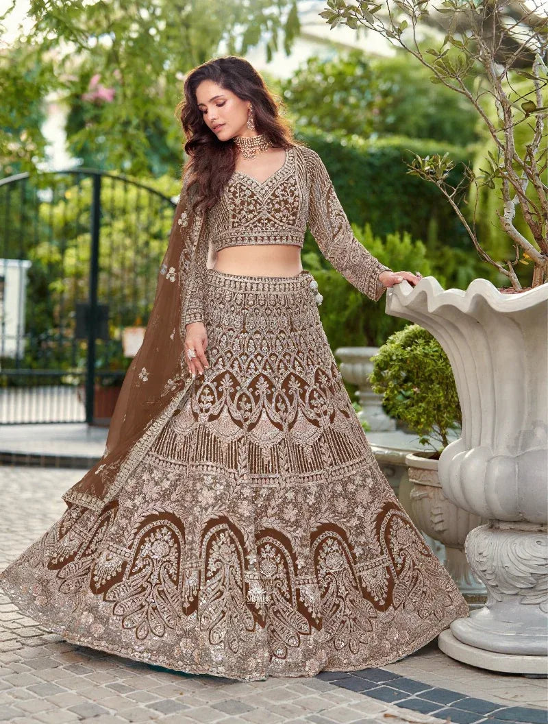 Mocha Regal Embroidered Bridal Lehenga - MishUUU
