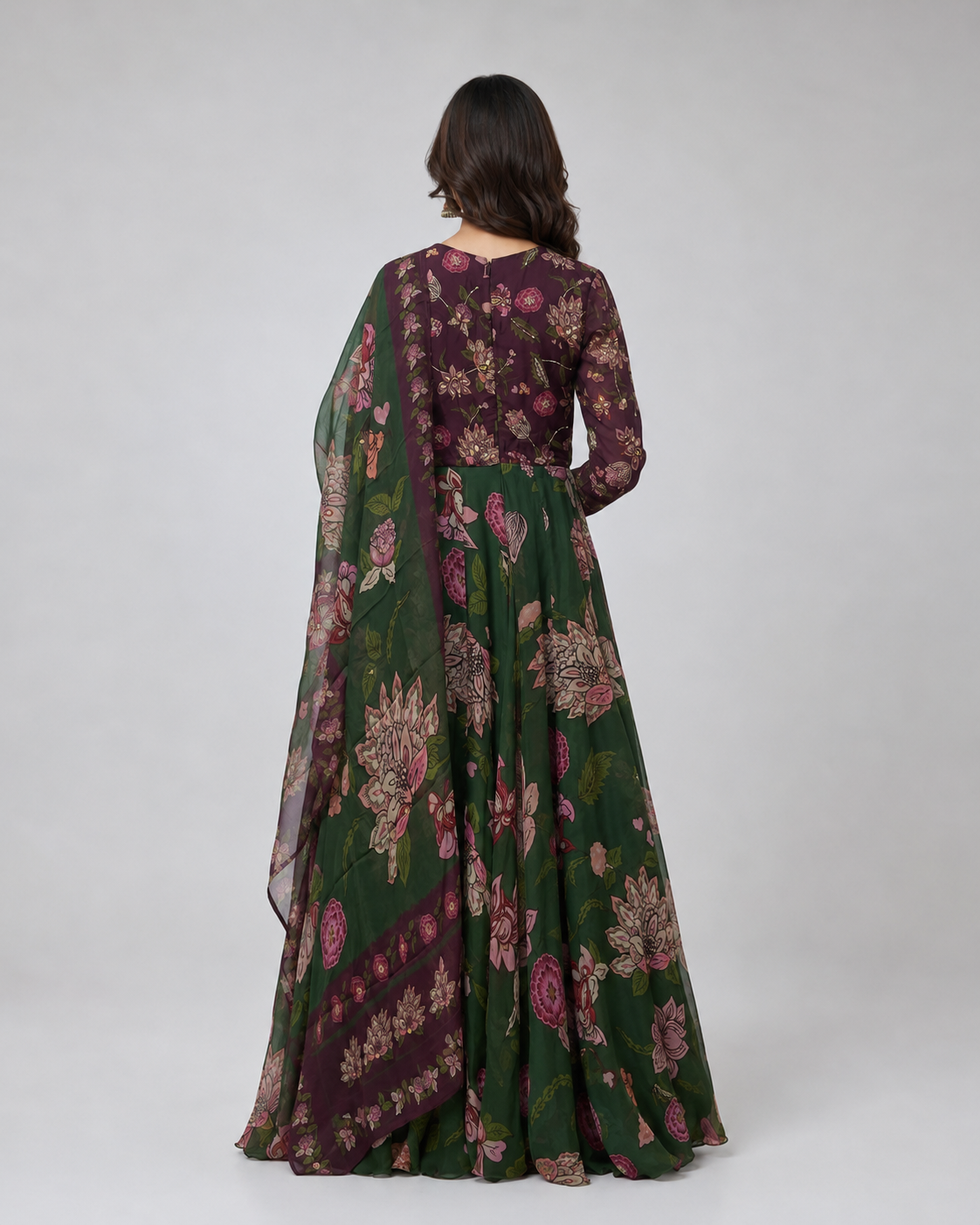 Forest Green Floral Printed Anarkali Ensemble