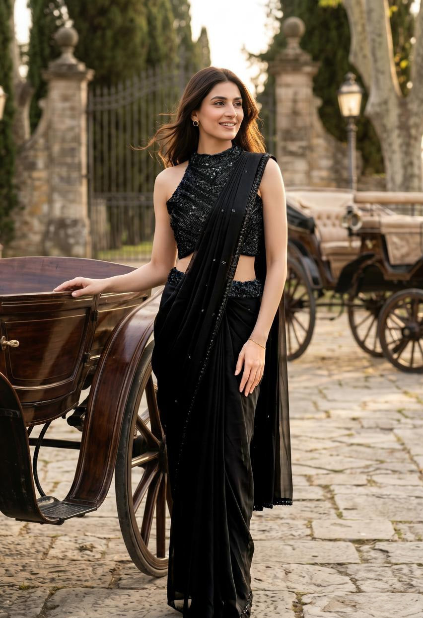 Noir Sequin Drape Saree Couture Ensemble