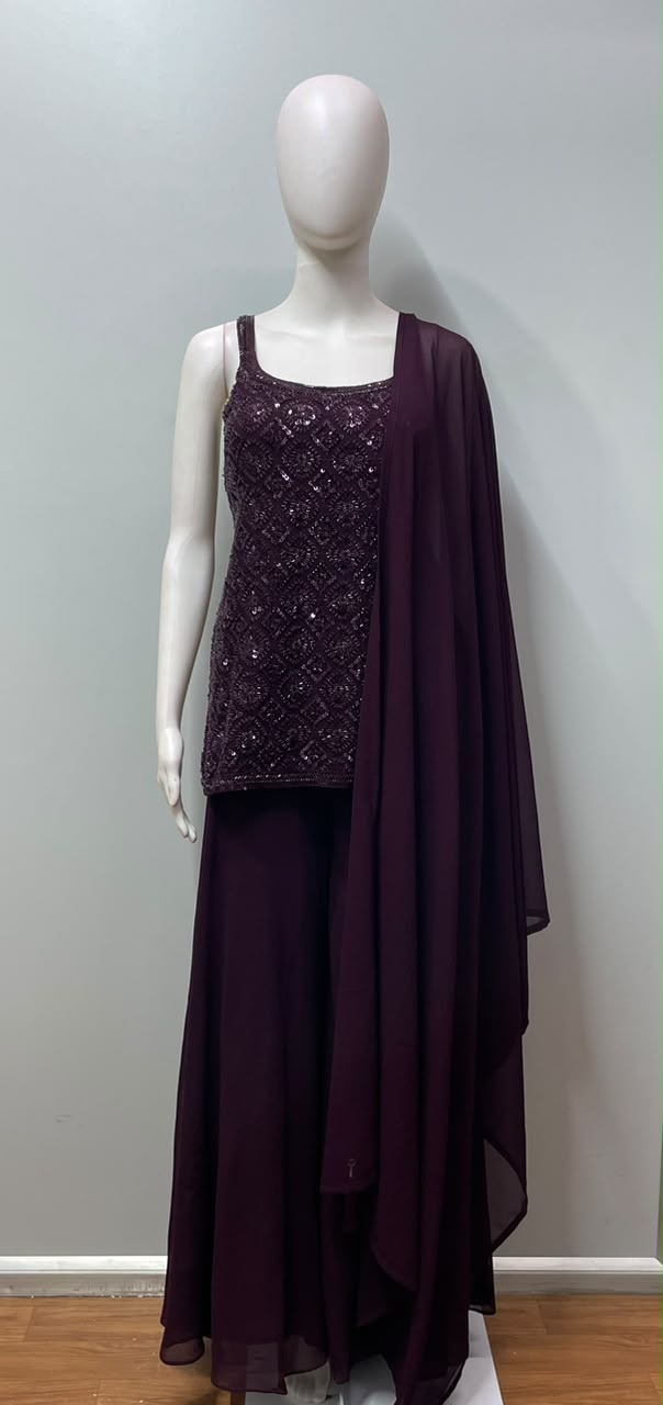 Midnight Plum Sequin Embroidered Palazzo Ensemble