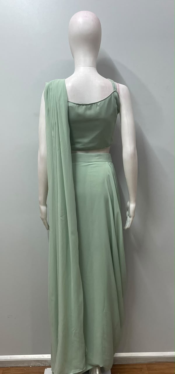 Mint Silver Embroidered Pre-Draped Saree Set