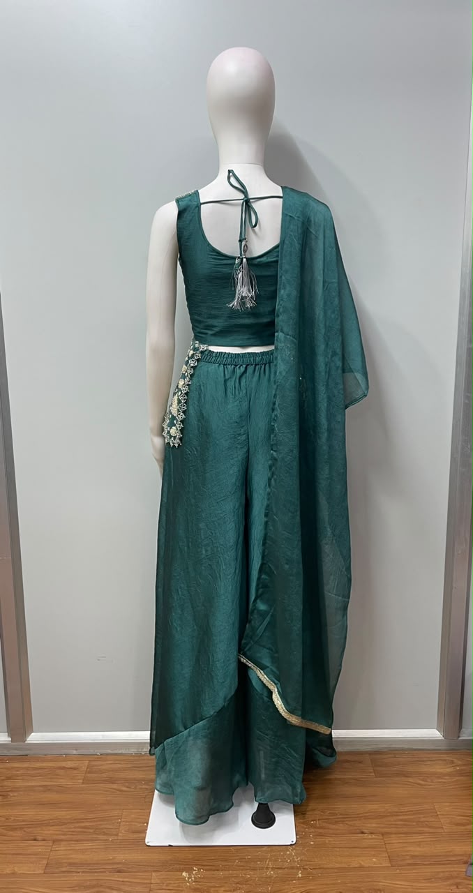 Deep Teal Gold Embroidered Peplum Palazzo Set