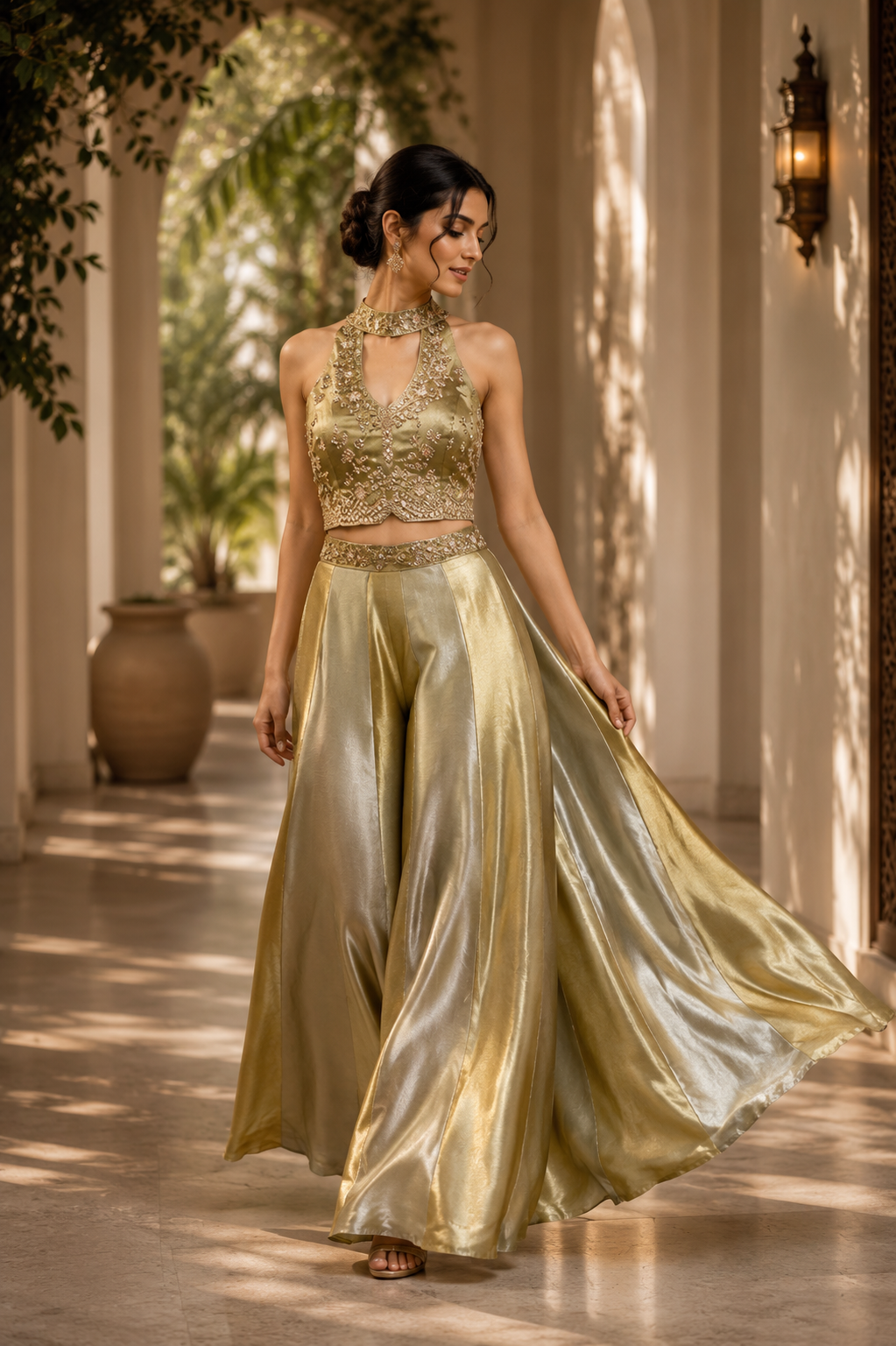 Sage Gold Embroidered Palazzo Set