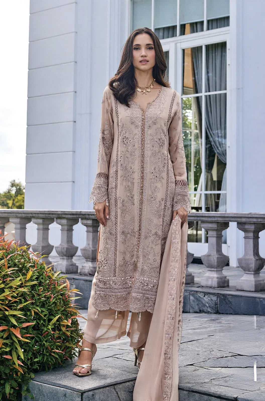 Taupe Beige Embroidered Straight Suit - MishUUU