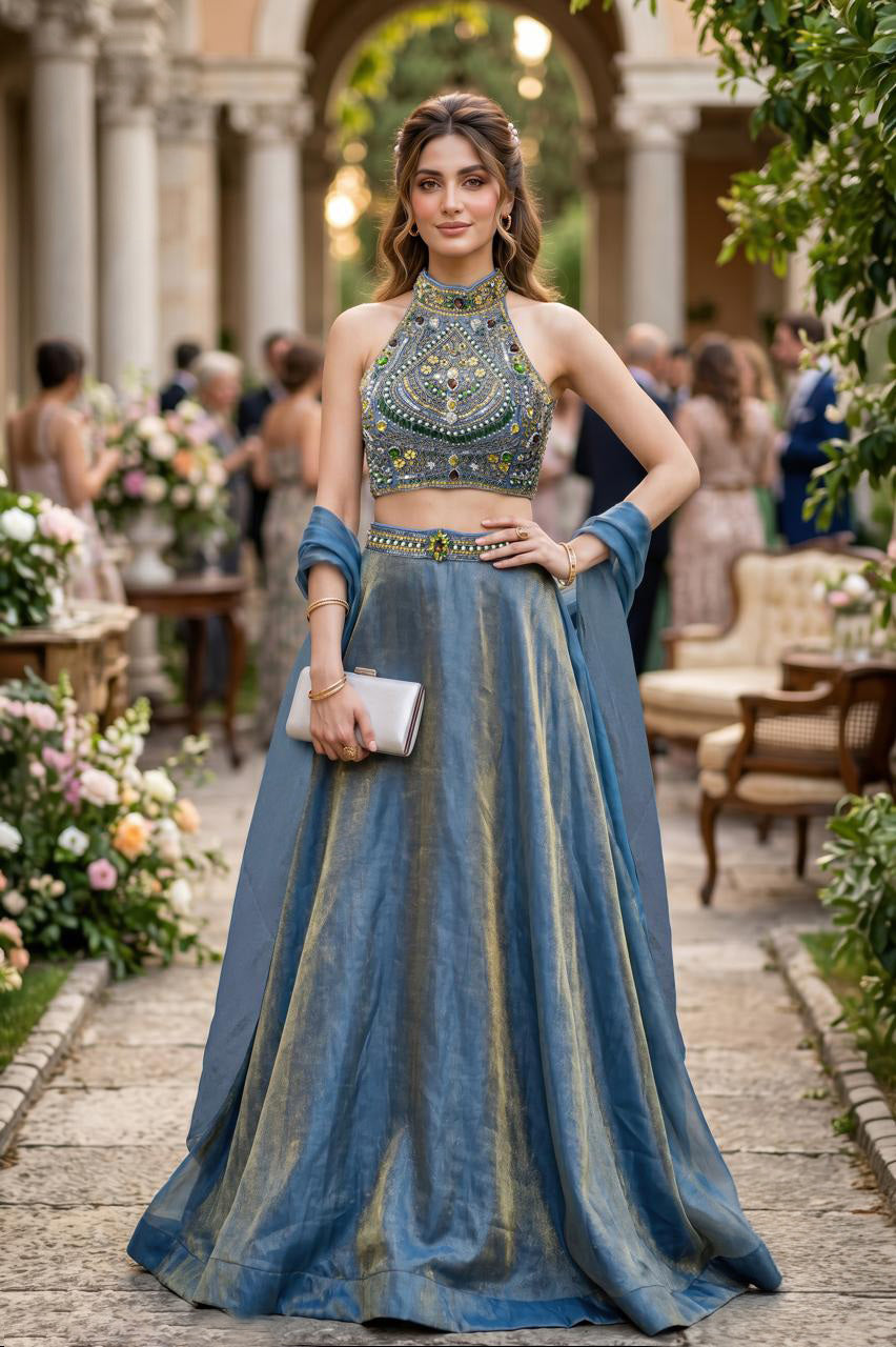 Dusty Blue Gold Halter Lehenga Set