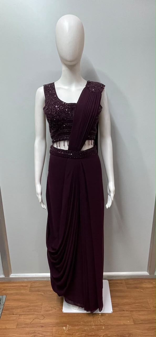 Wine Sequin Draped Saree Set