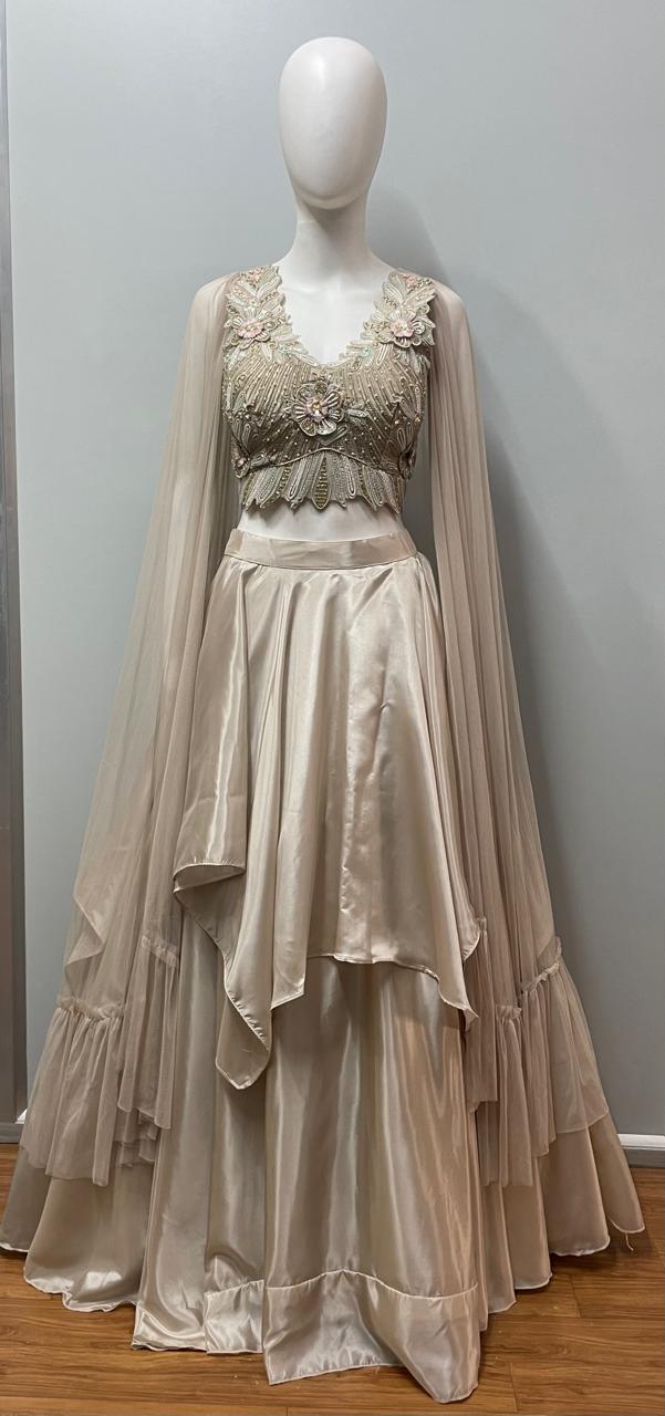 Champagne Pearl Embroidered Cape Lehenga Set