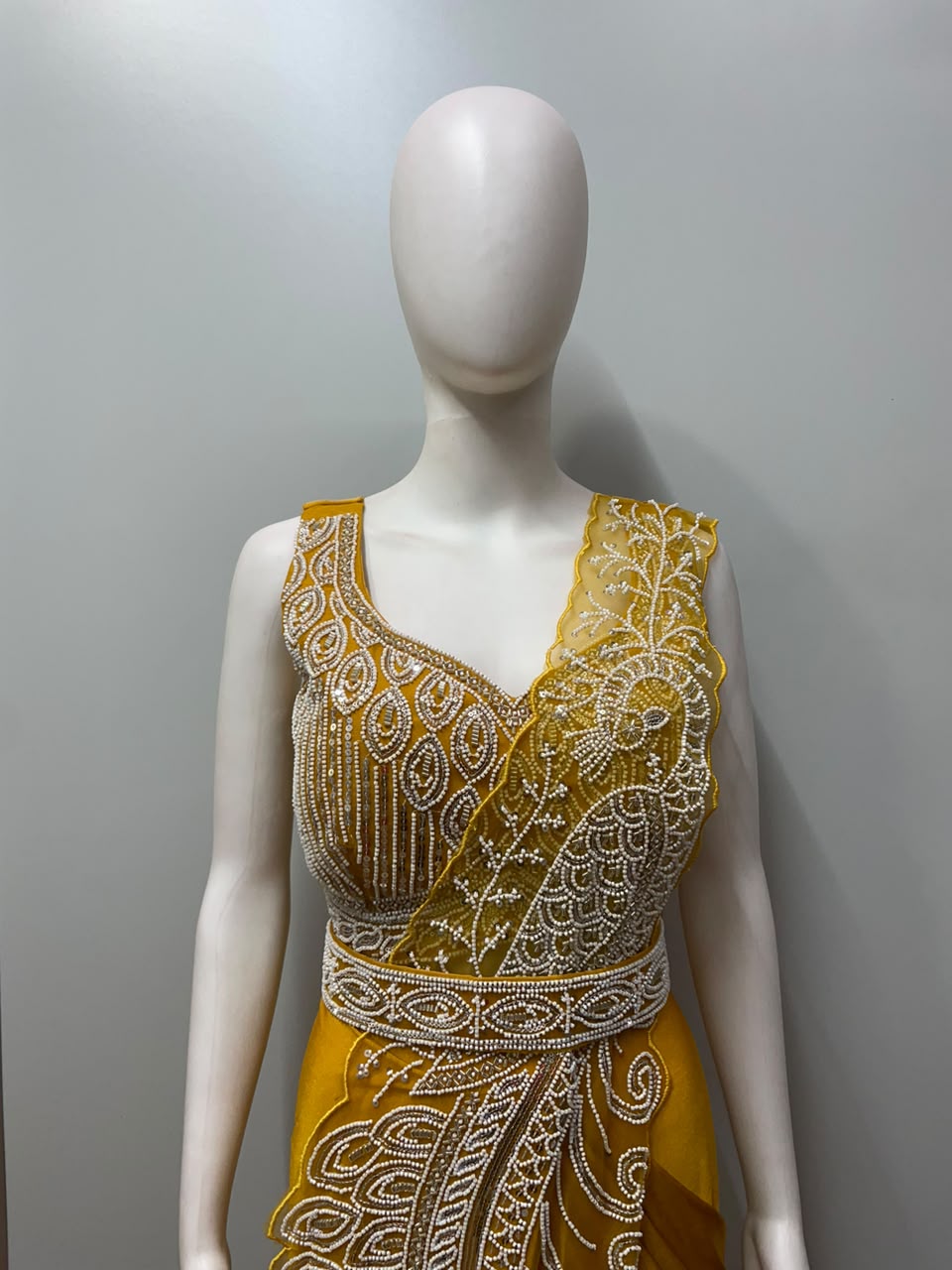 Mustard Silver Peacock Embroidered Draped Saree Set