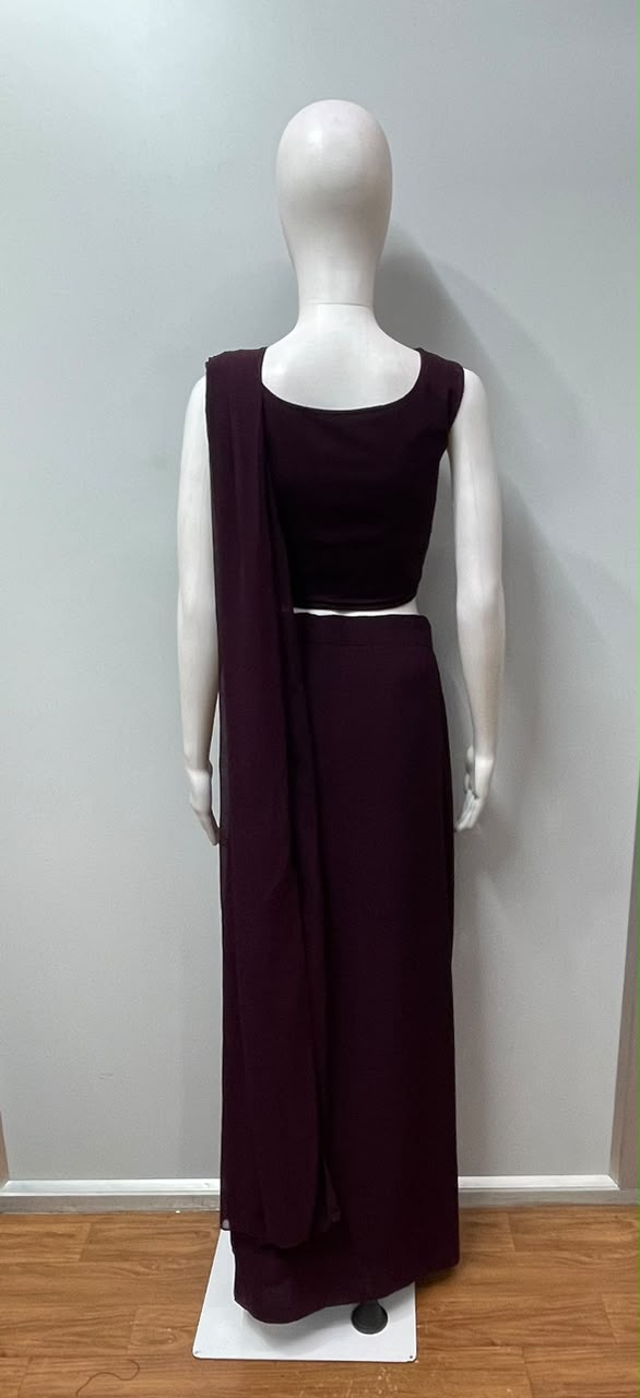 Wine Sequin Draped Saree Set