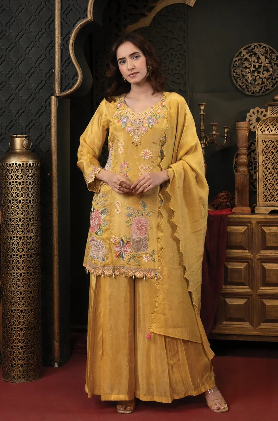 Mustard Floral Embroidered Sharara Set - MishUUU