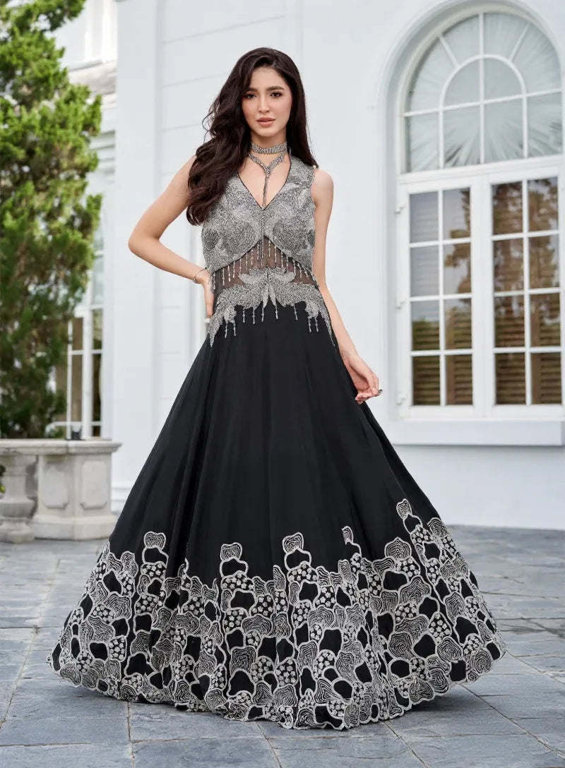 Noir Silver Embroidered Lehenga Set - MishUUU