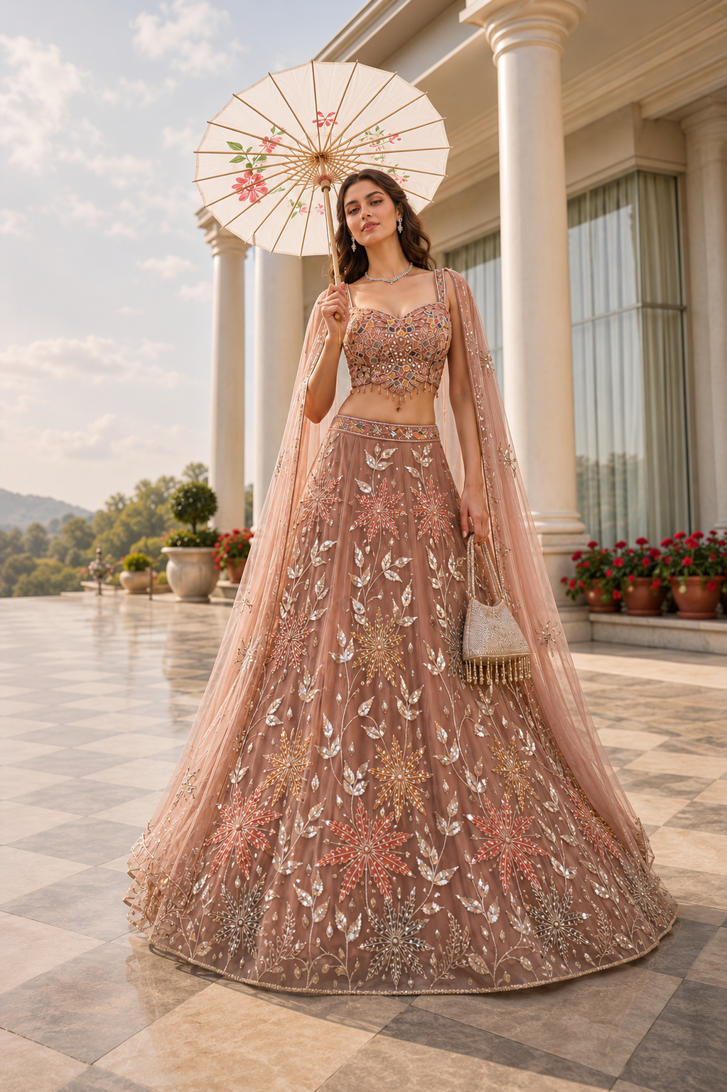 Rose Gold Floral Cape Lehenga Set