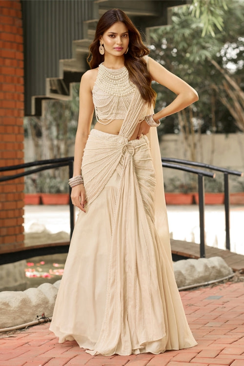 Ivory Pearl Drape Saree Couture Ensemble