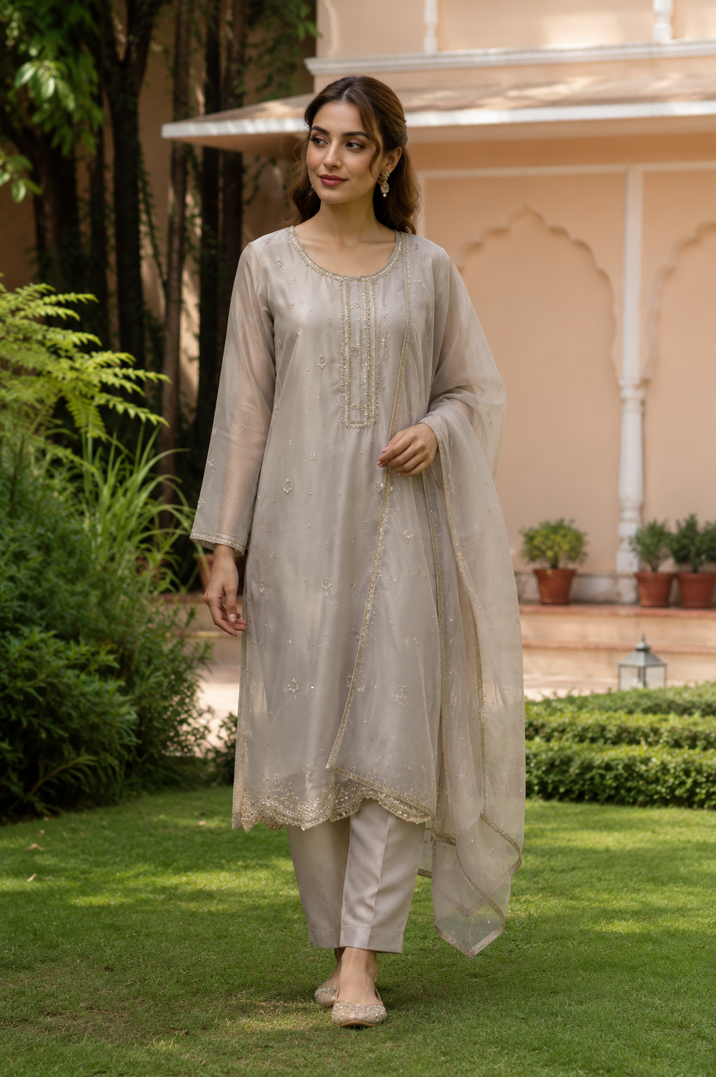 Mushroom Silver Pearl Embroidered Festive Ensemble