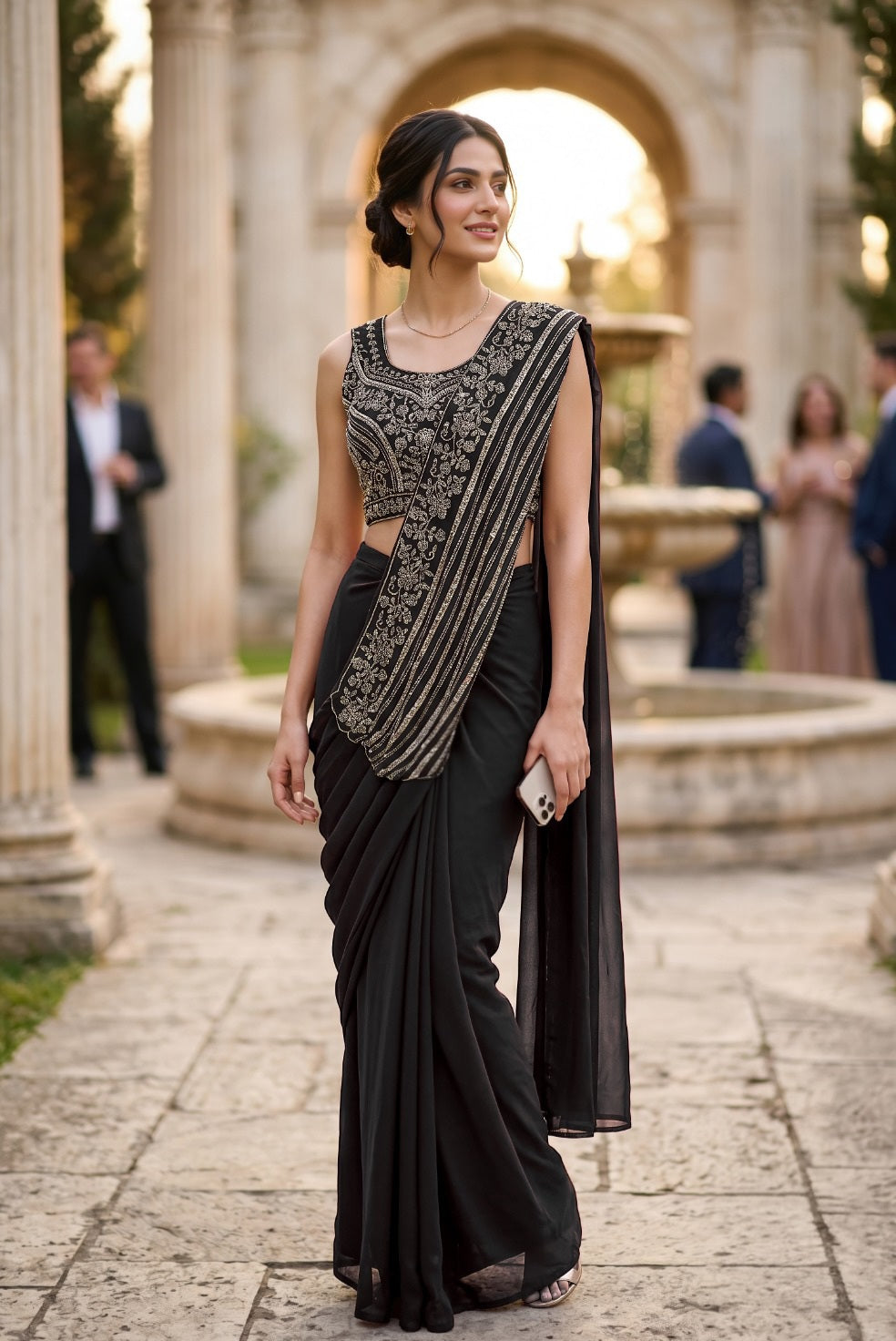 Black Zari Draped Saree Set