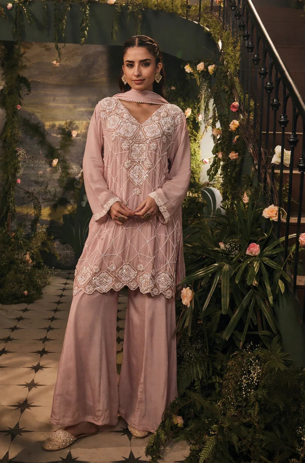 Dusty Rose Embroidered Palazzo Set - MishUUU