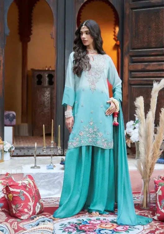 Ombre Teal Embroidered Palazzo Set - MishUUU