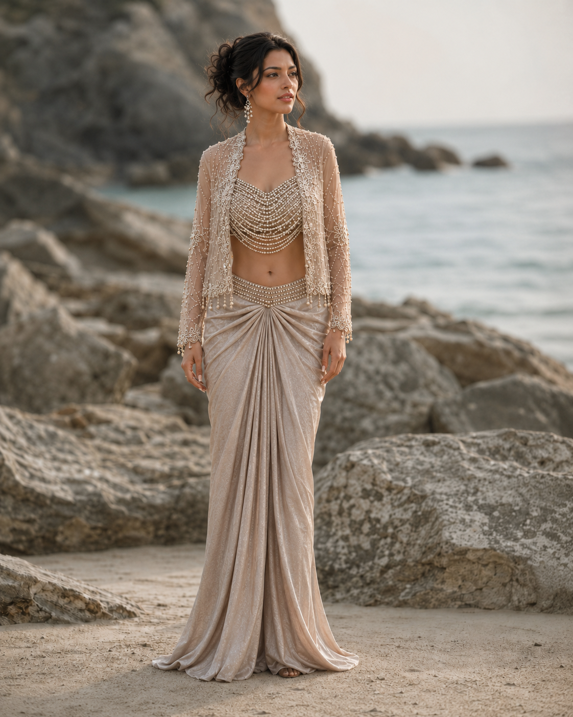 Taupe Pearl Jacket Draped Saree Couture