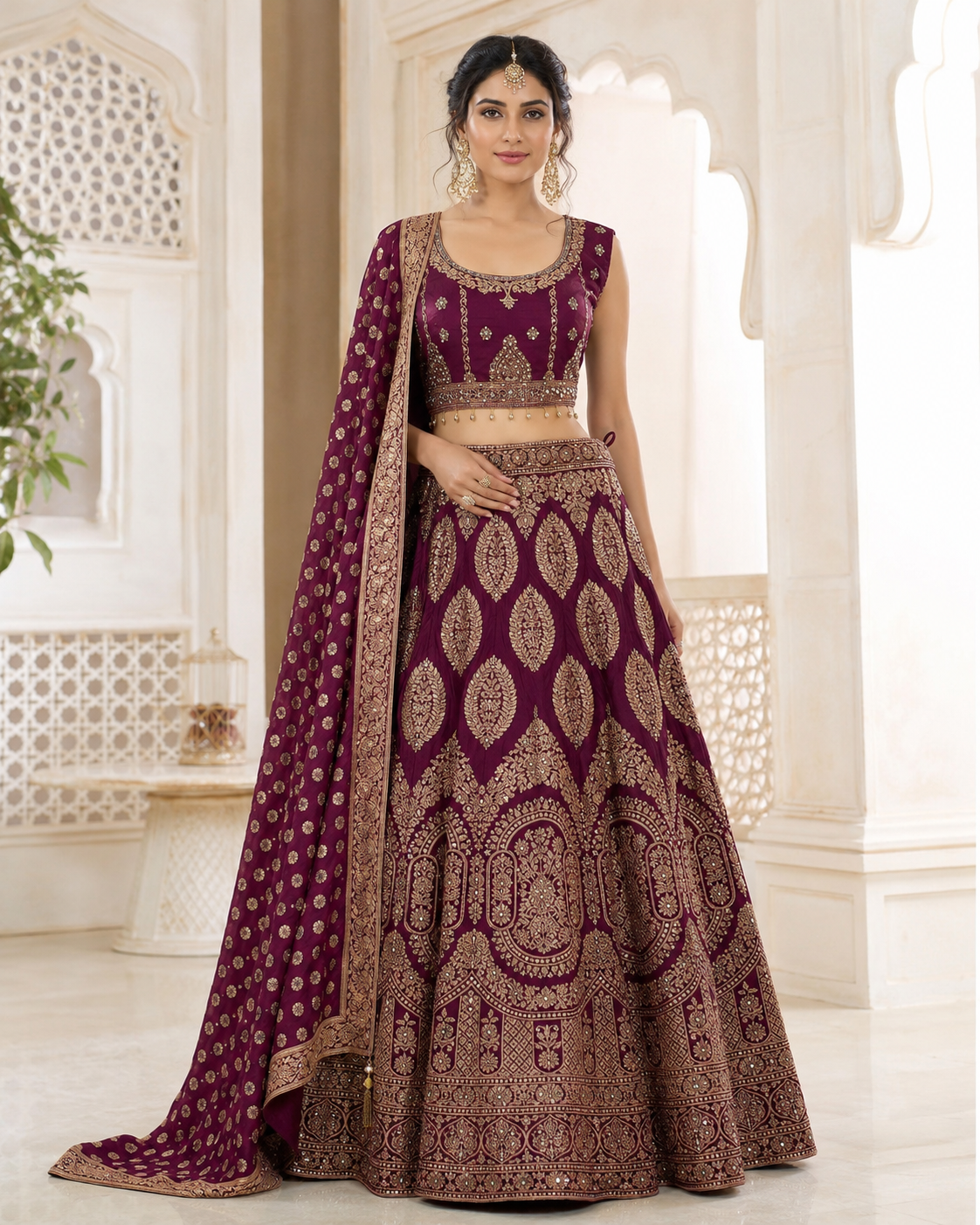 Mulberry Gold Zari Bridal Lehenga Ensemble