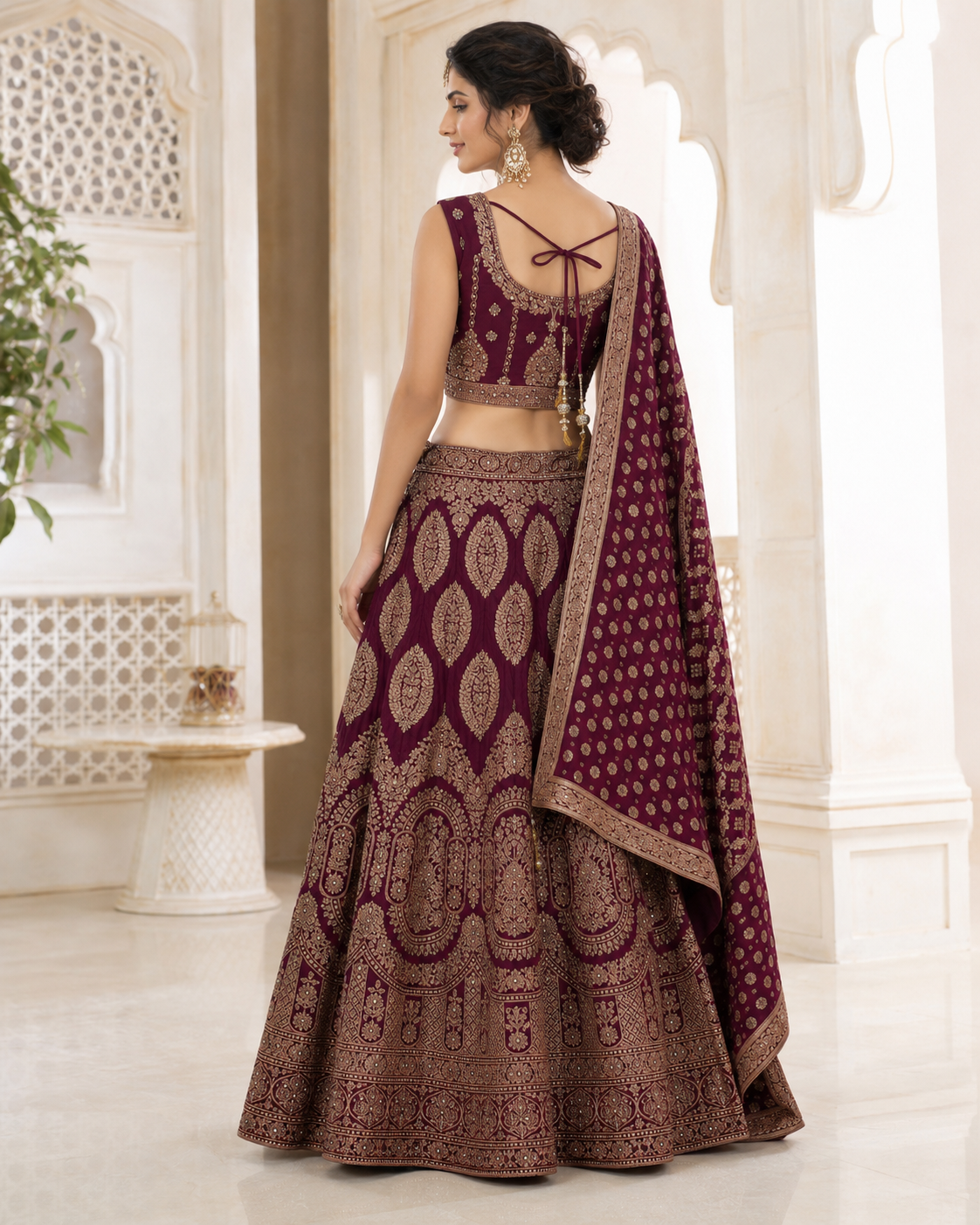 Mulberry Gold Zari Bridal Lehenga Ensemble